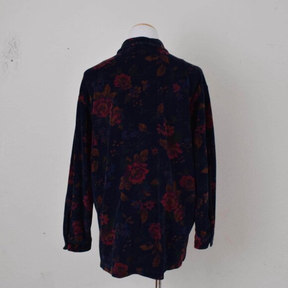 Vintage 80s Cotton/Poly Dark Navy‎ Floral Print Blouse | size Large - Picture 3 of 10